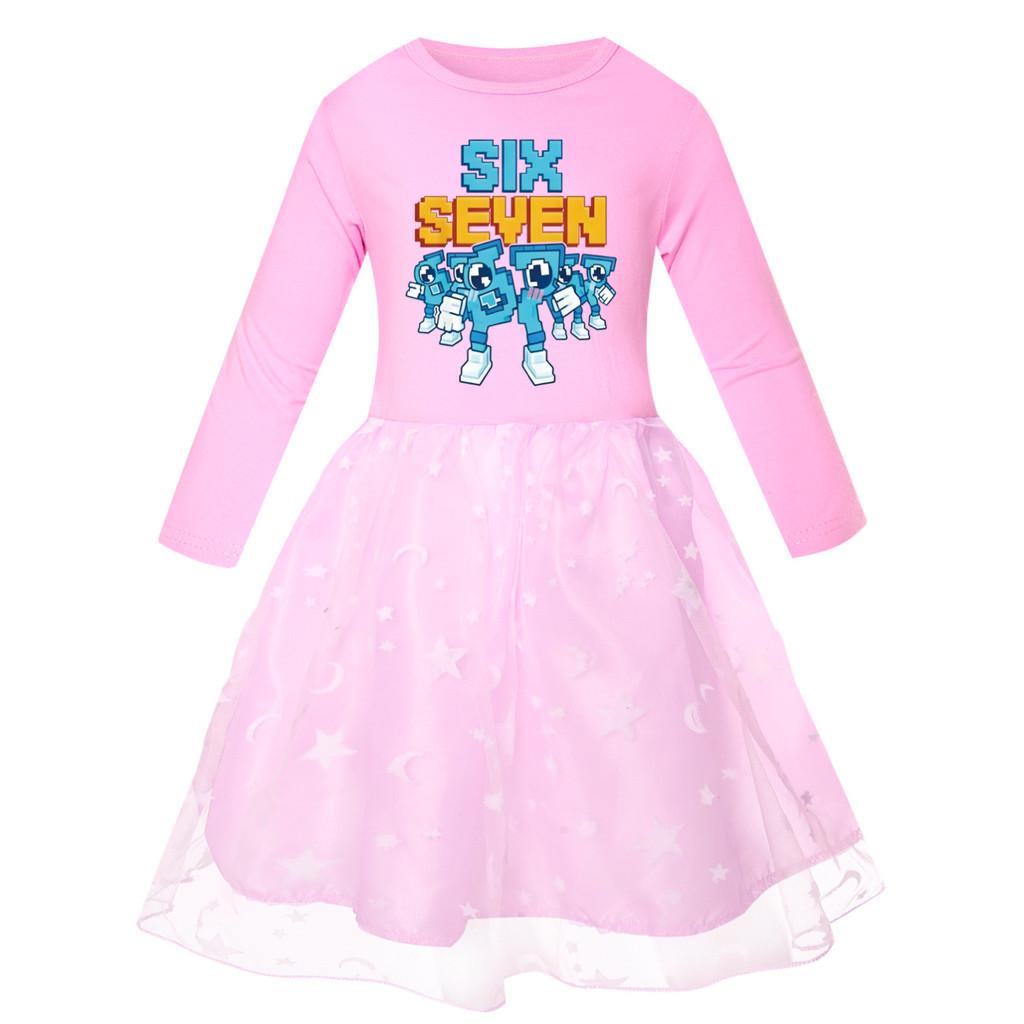 5195 Детское Платье для Девочек Steal a Brainrot 67 Шесть Семь Принт Сетка Радуга Круглый Вырез Повседневное Повседневное Хлопковое Платье