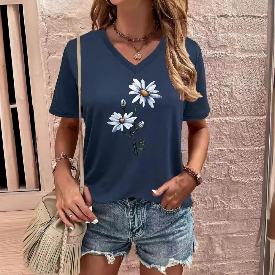 Summer V-neck 3D Flower Pattern Printed Top Fashionable Casual Short Sleeved Women's T-shirts
