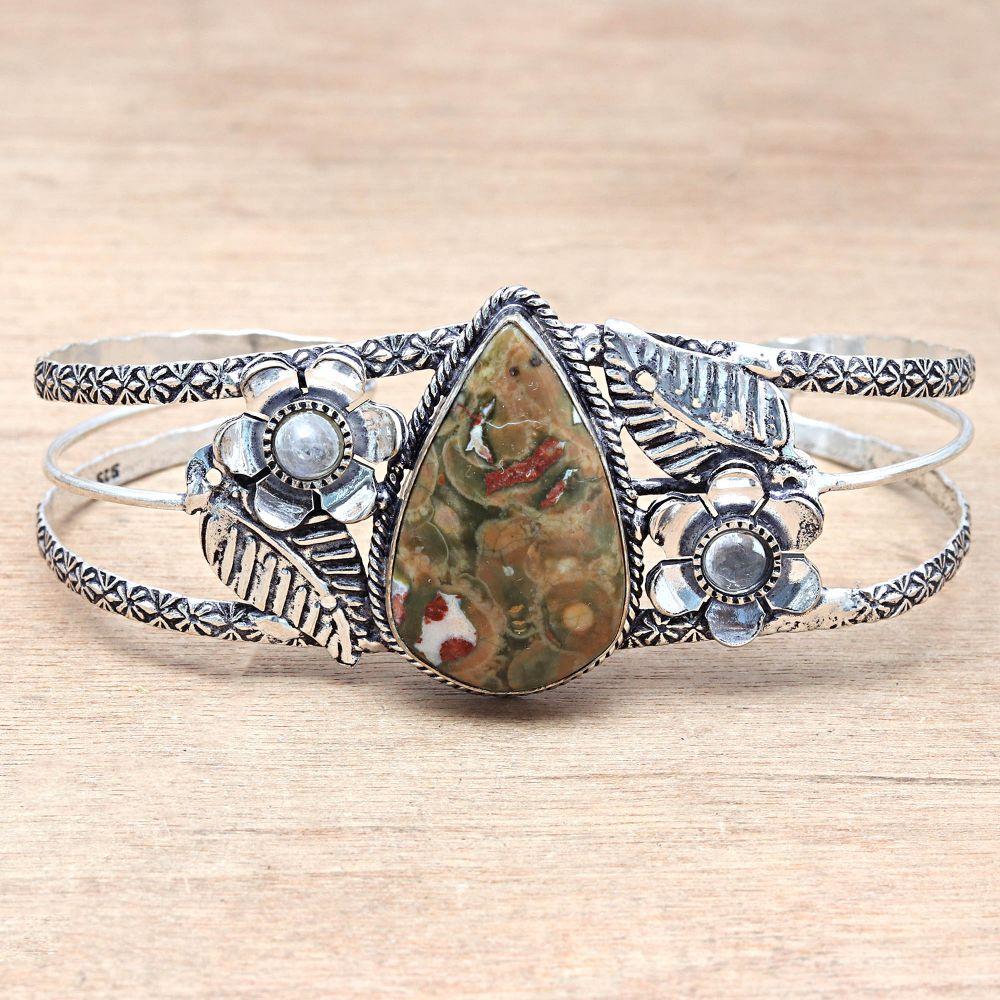 Turtela Jasper Gemstone Антикварные серебряные ювелирные изделия Браслеты-манжеты 7''Регулируемые
