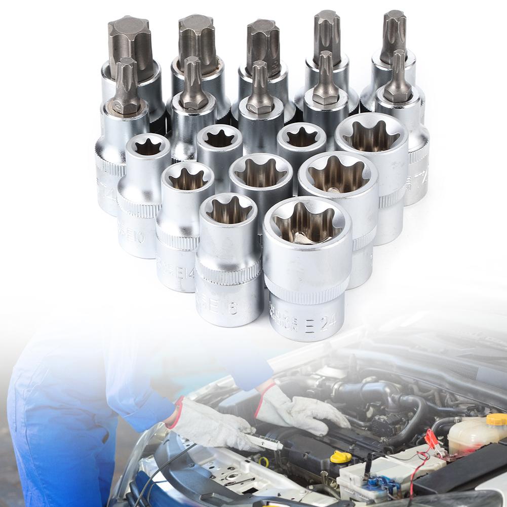 19Pcs Set 1 2in Drive Star Hex Socket Bit Kit E Type Male Female Car Repairing Tool