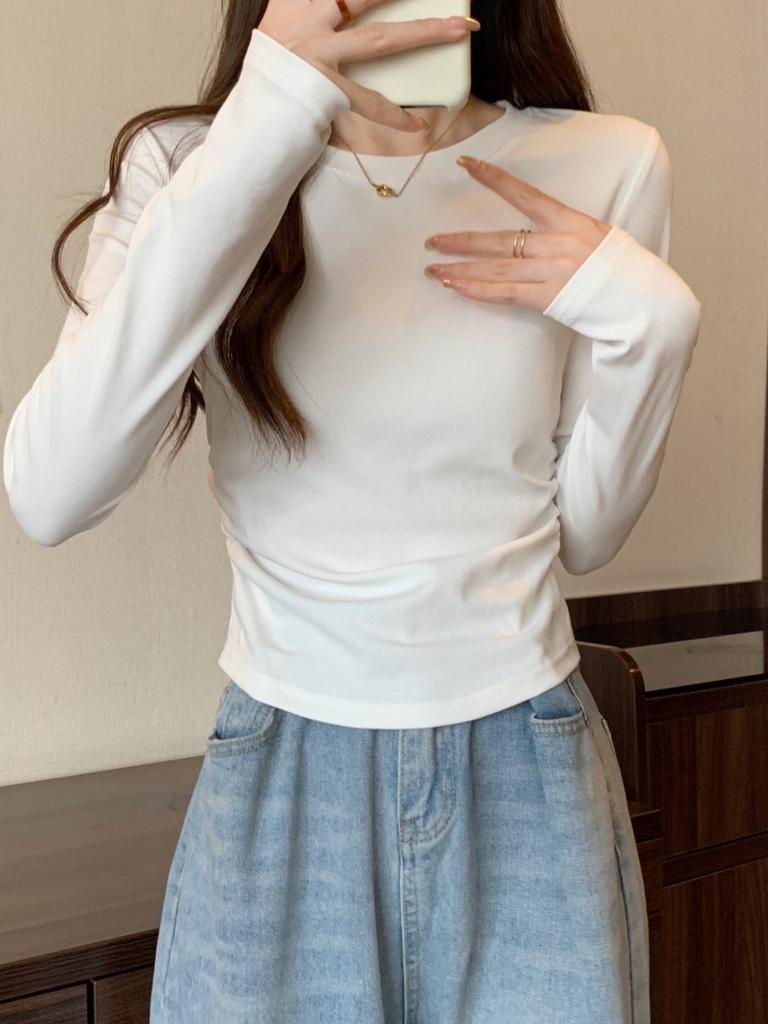 Весна новая однотонная базовая рубашка женская кардиган талия плиссированный перед плечо длинный рукав рубашка изогнутый подол внутренняя майка