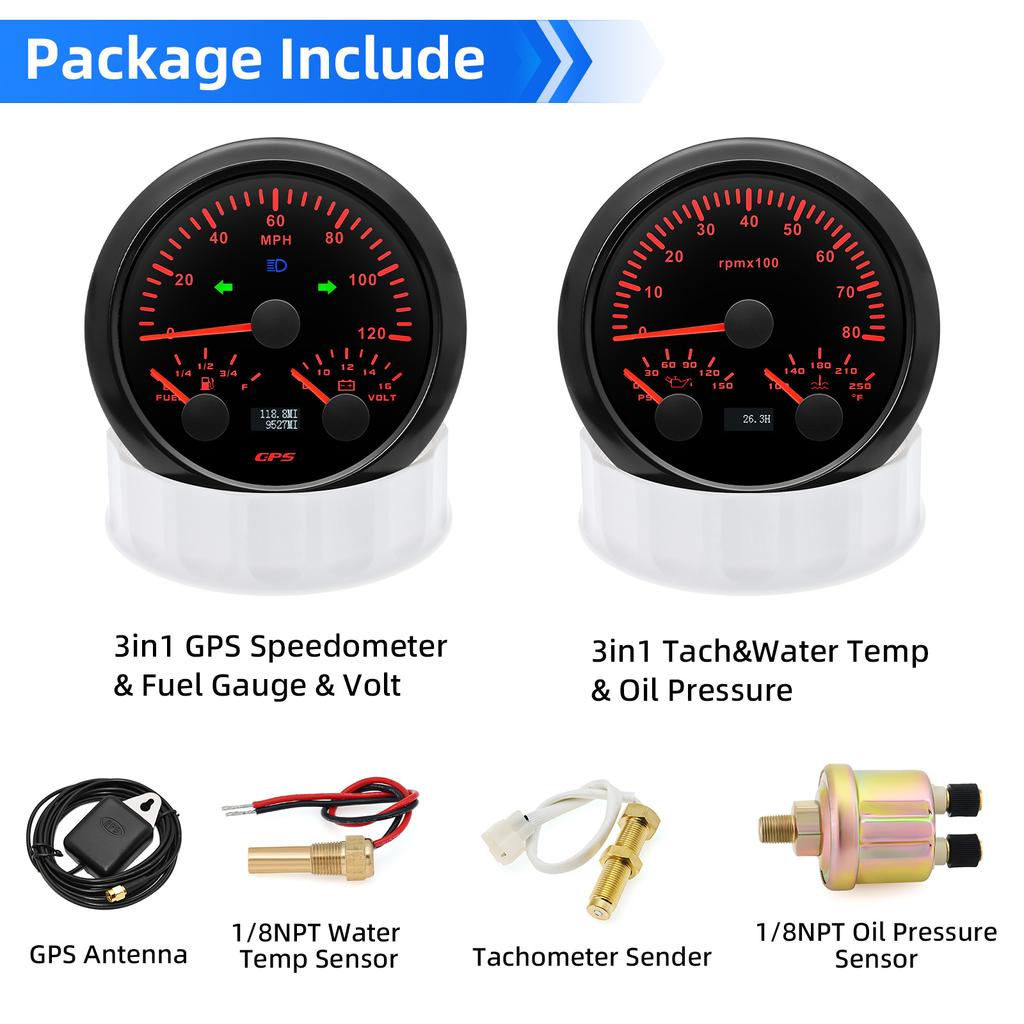 Комплект приборов 3 в 1 с датчиком 1/8NPT для автомобиля, лодки, грузовика, 8 тыс. об./мин, тахометр, GPS, спидометр с антенной, вольтметр, датчик температуры воды