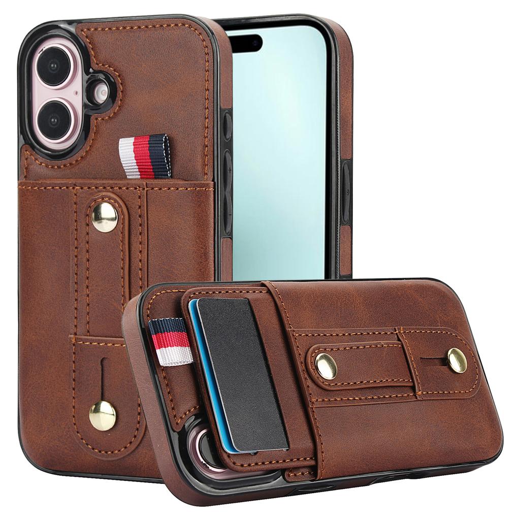 For iPhone 16 Case PU Leather+TPU Hidden Card Holder Drop-proof Phone Cover with Kickstand