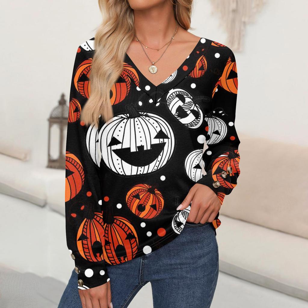 Women's Tops Halloween Printed Long Sleeve Shirt V Neck Casual Loose T-Shirt Autumn Clothing
