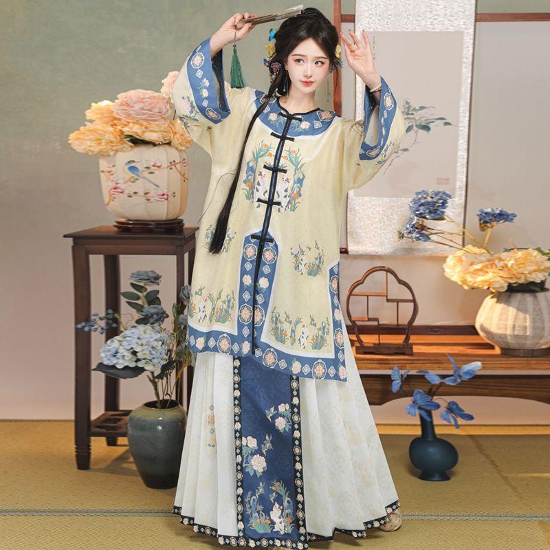 Восстановленный национальный костюм в китайском стиле династии Цин, топ с круглым вырезом, юбка с принтом в стиле ретро, ​​женский костюм