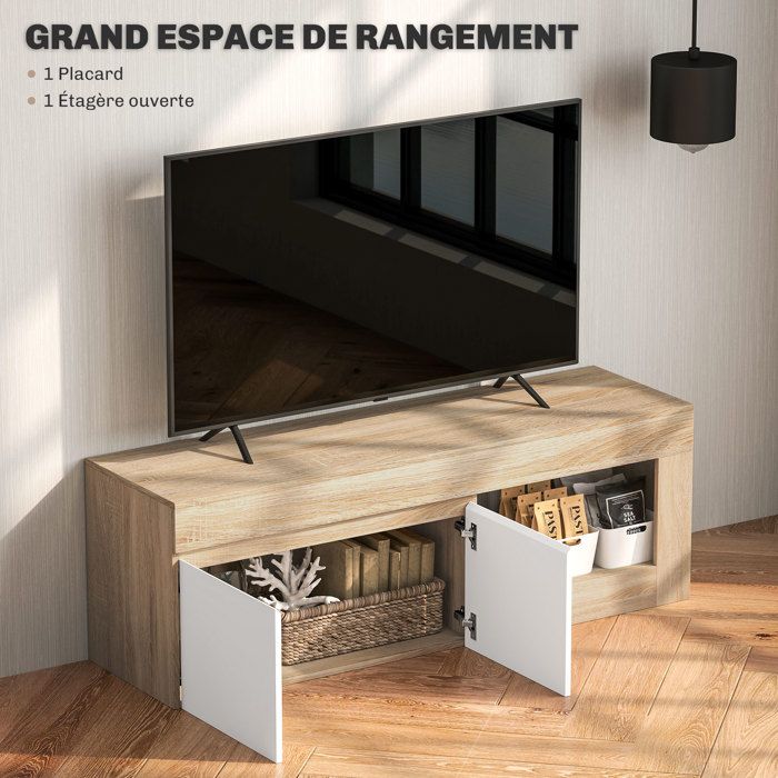 Meuble TV - HOMCOM - 2 portes à fermeture douce et compartiment ouvert - panneau de particules - 140x40x48cm - effet bois naturel