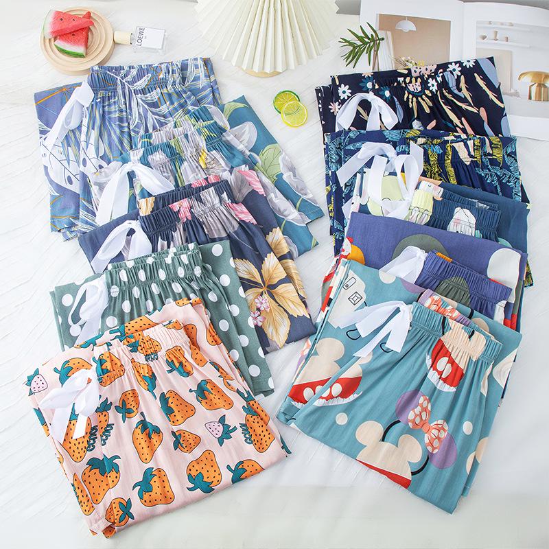 Женские пижамные брюки больших размеров из хлопка и вискозы, с мультяшным цветочным принтом, свободные девятиточечные пляжные брюки, для улицы
