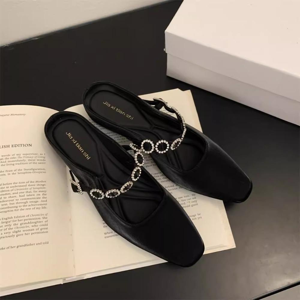 Fashion Fangtou Baotou Half Slippers for Womens 2025 Spring/autumn New Outerwear with Skirt Diamond Chain Thick Bottom Slippers Women's