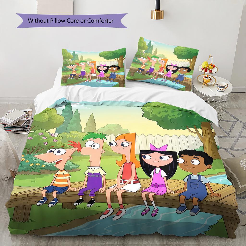 Phineas and Ferb Pattern Bedding Quilt Set Home Decoration Gift (1 * duvet cover + 2 * pillowcase without core)