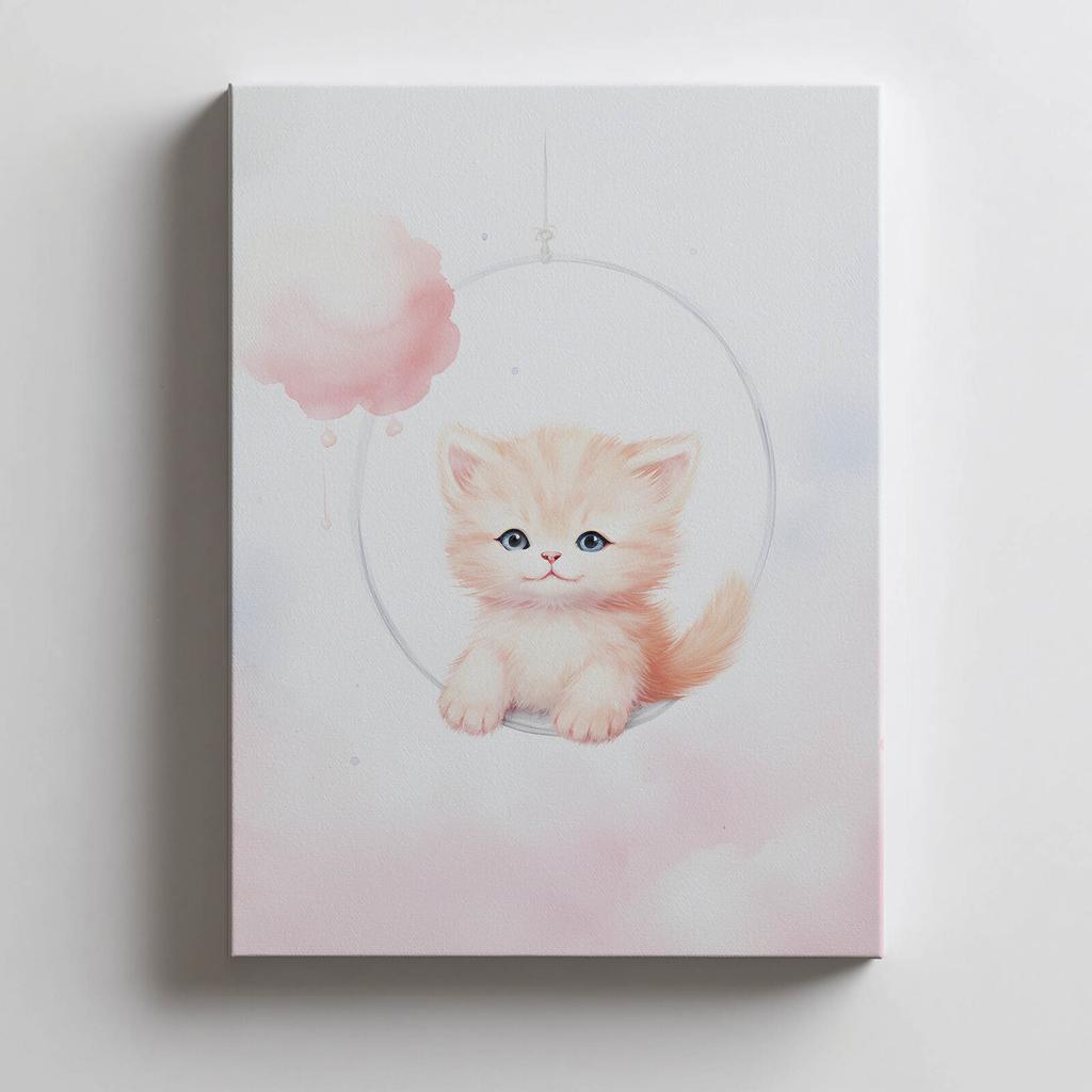 Радостный Котенок На Качелях Радостный Котенок На Качелях, 50x70 См, Золотая Алюминиевая Рама, Матовая Бумага 230 г/м²