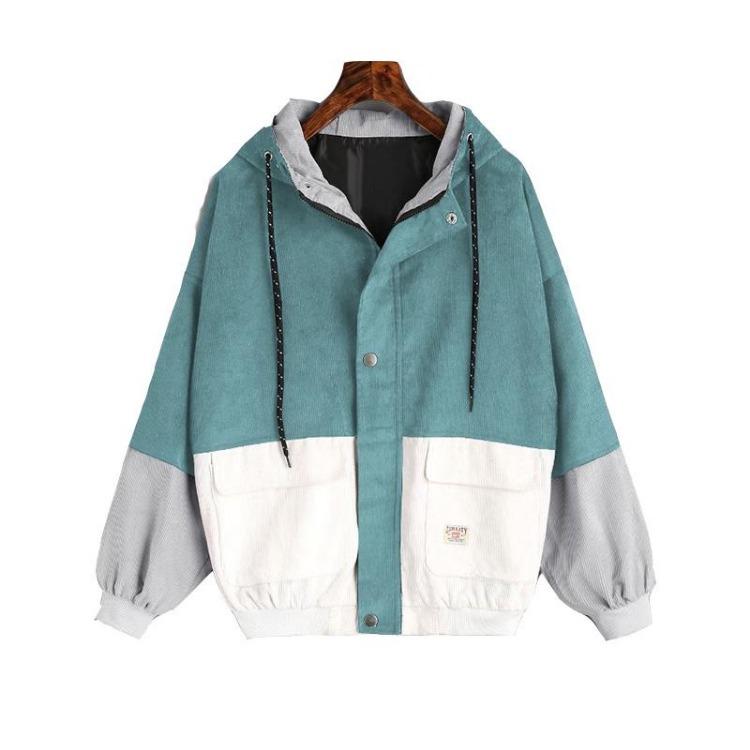 Women Hooded Corduroy Jacket Streetwear Patchwork Coat Autumn Windbreaker Outerwear Brand