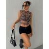 Women's Y2K Leopard Print Tank Tops Mock Neck Sleeveless Cheetah Print Slim Fit Top Shirts