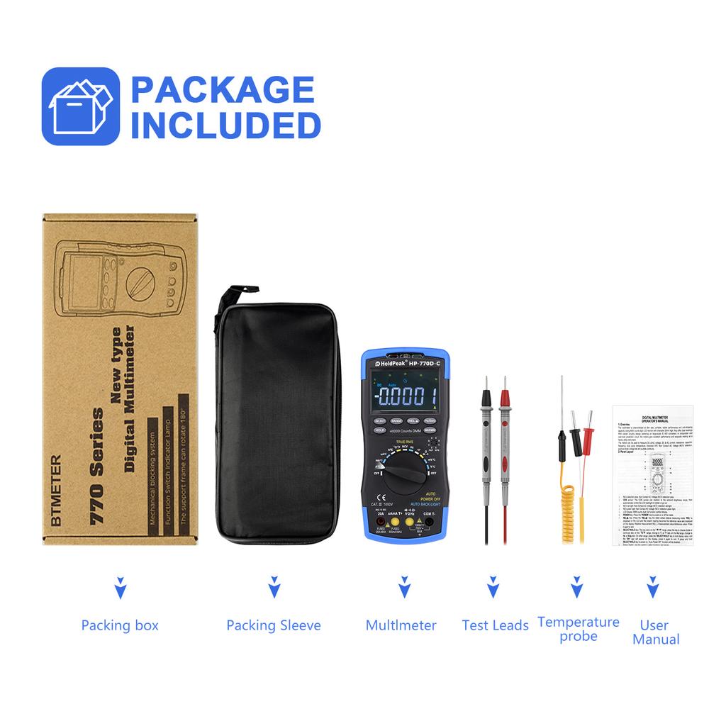 HP-770D-C Digital Multimeter High-Accuracy Auto Range True RMS 40000 Counts Color screen NCV AC DC Voltage Current Ohm Tester