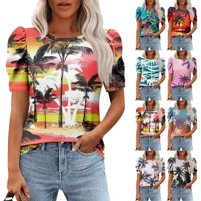 Женские повседневные топы с коротким рукавом и круглым вырезом с принтом, туники, рубашки, летняя одежда