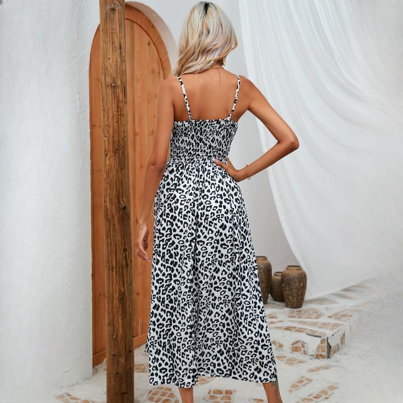 GMXIA Women's Fashion Summer Spring Leopard Print Sleeveless V-Neck High Waist Casual Dresses