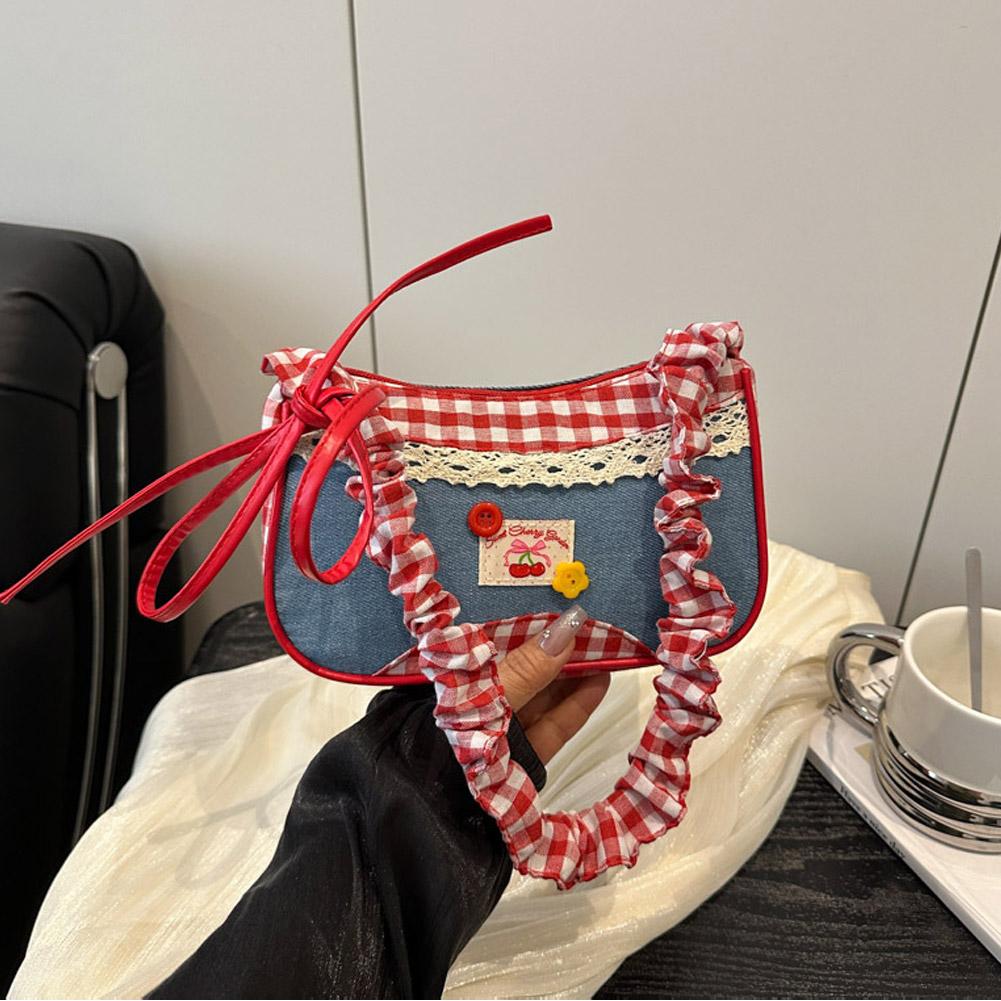 Женская модная клетчатая сумка через плечо с бантом, джинсовая, милая сумка под мышкой, плиссированный дизайн на кулиске, повседневная сумка для работы