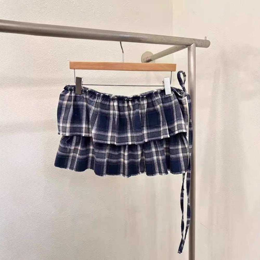Hip-hop Layer Outfits Plaid Skirt Shirt Extender Ruffled Edge Waistband Jeans Decor