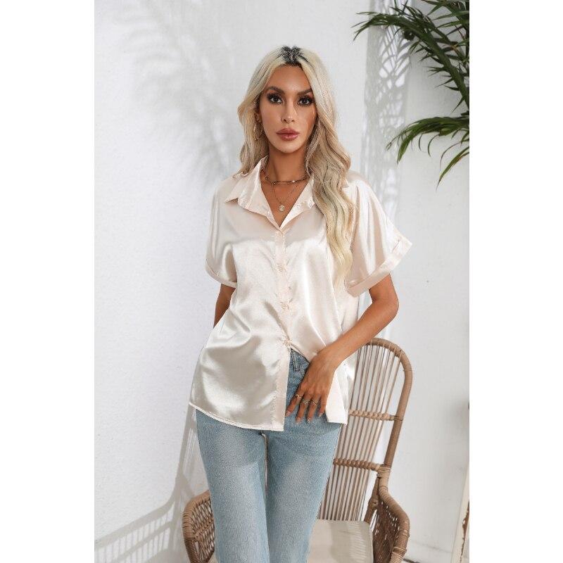 Summer Silk Shirts Women Button Up Satin Blouse Loose Office Short Sleeve Ladies Tops Casual Shirt Elegant 26103