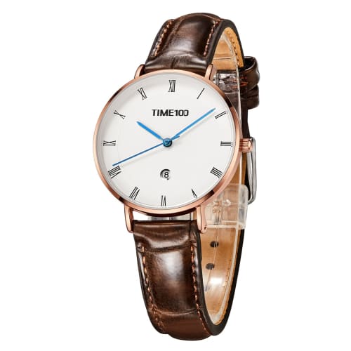 TIME100 Women's Watch, Slim Dial, Stylish Leather Strap, Date Display, Waterproof, 3-Bar Display, Simple Analog Design, Popular for Business, Cute Gif