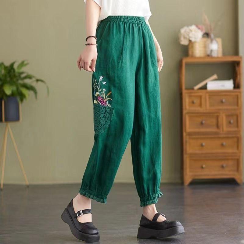 Весенние и летние женские укороченные брюки-шаровары летние свободные кружевные вышитые брюки-фонарики