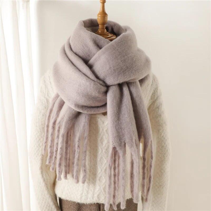Winter Scarf Women Luxury Mohair Scarf Cashmere Warm Pashmina Solid Female Scarves Wraps Thick Soft Bufanda Big Tassels Shawl Long Stole Scarf