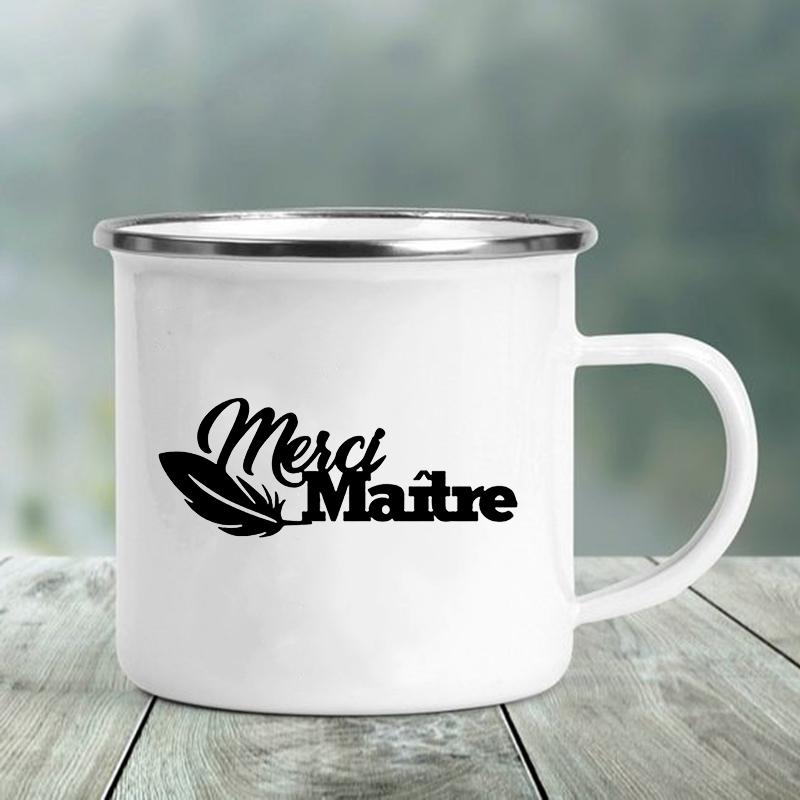 Enamel Mug Merci Maître Print Mugs Creative Coffee Cups Drinks Water Milk Tea Cup School Home Handle Drinkware Best Teacher Gift