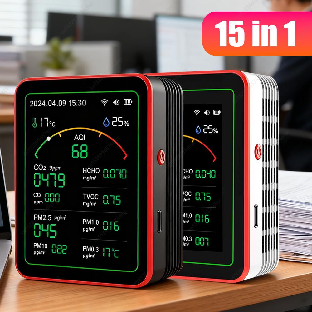 WiFi 15-в-1 Портативный AQI PM0.3 PM1.0 PM2.5 PM10 Тестер TFT Дисплей Бытовой CO CO2 TVOC HCHO Тестер Температуры Влажности