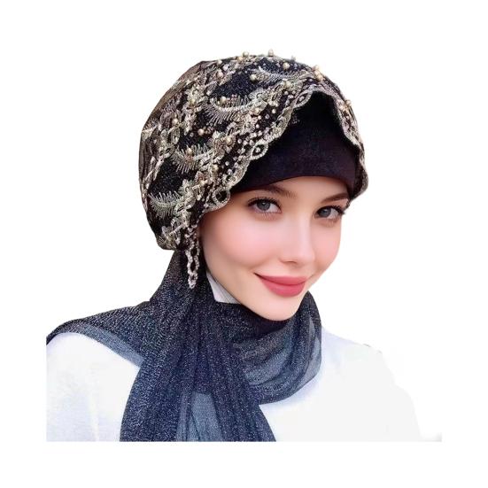 Lace Stretch Turban Hat for Women Pre-Tied Head Scarf Wrap Slip-on Chemo Hat Soft Skull Cap for Hair Loss