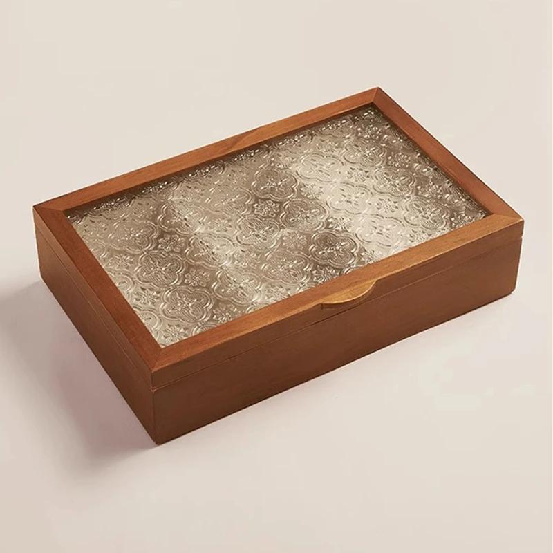 Solid Wood Ring Earrings Storage Jewelry Box Luxury Transparent Glass Cover Jewelry Organizer Aesthetic Display Boxes Bracelet Packaging Boxes Gifts