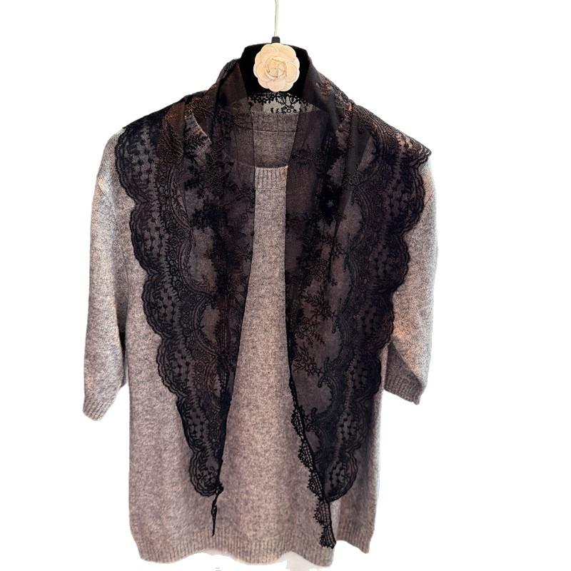 Women Lace Edge Solid Color Versatile Triangular Neck Scarf For All Seasons