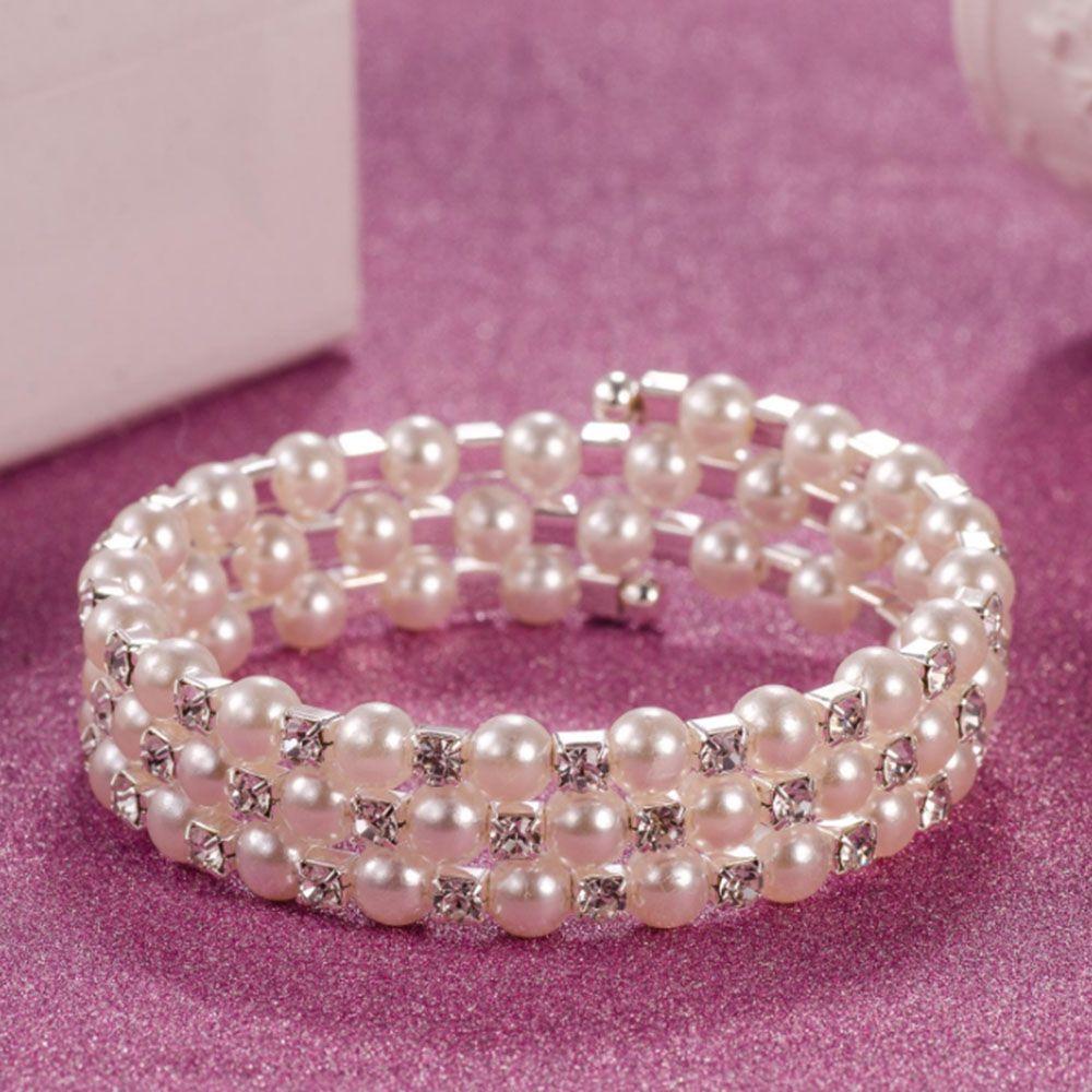 Crystal Chain Charm Winding Beaded Wide Bracelets Pearl Bangles Multilayer