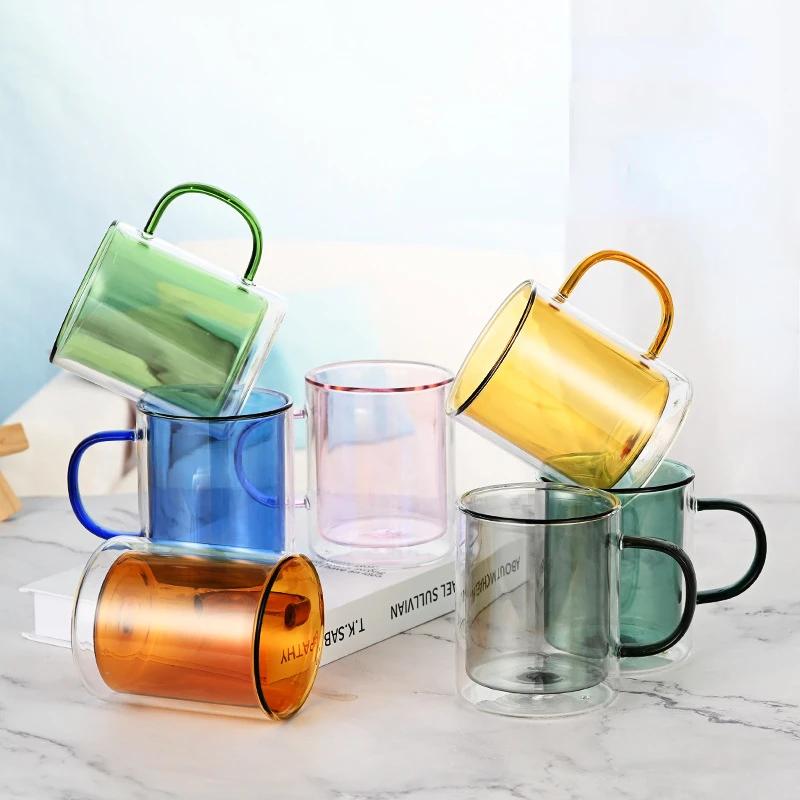 Colored Glass Coffee Mug Double-layer Mugs Coffee Cups Thermal Insulation Drinkware Cup Glassware Kitchen Dining Bar Home Garden