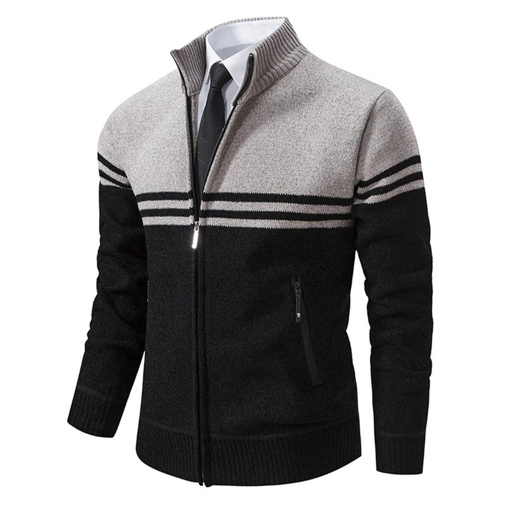 Men's Stand Collar Velvet Sweater Thick Long Sleeve Fashion Sweater Casual Business Cardigan Jacket