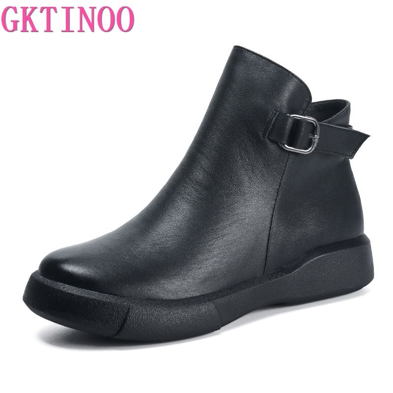 Fashion GKTINOO Winter Genuine Leather Ankle Boots Round Toe 2024 Handmade Lady Soft Flat Shoes Comfortable Side Zip Short Boot