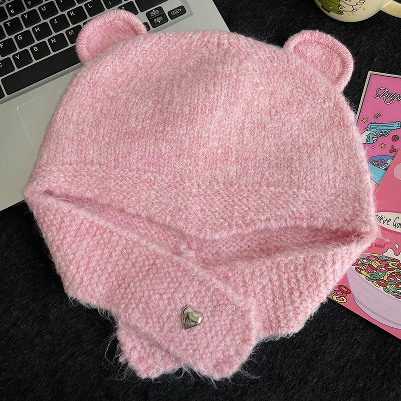 Women’s Knitted Bear Ear Lei Feng Hat - Warm, Cute, Fashionable Wool Hat for Autumn and Winter