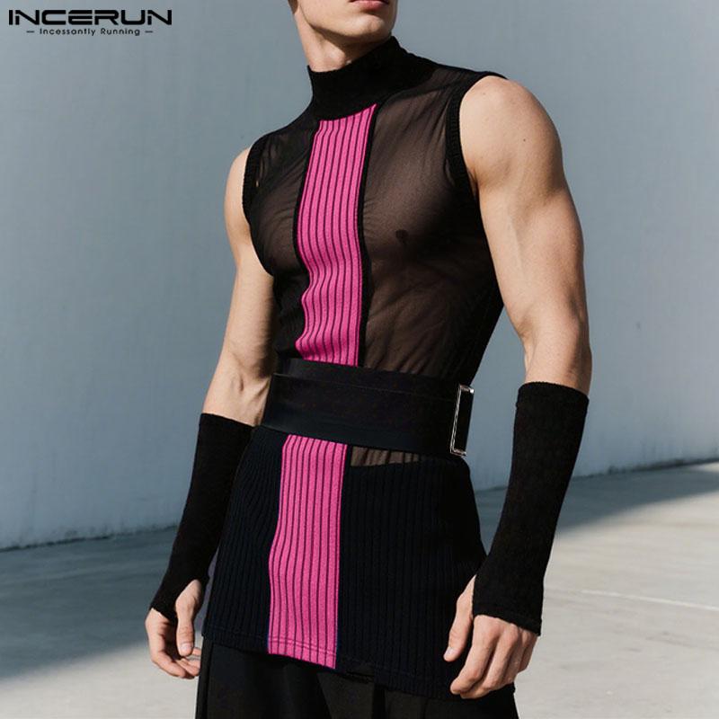 INCERUN Мужские майки без рукавов в полоску с сетчатыми вставками, прозрачные, облегающие, с накидными рукавами