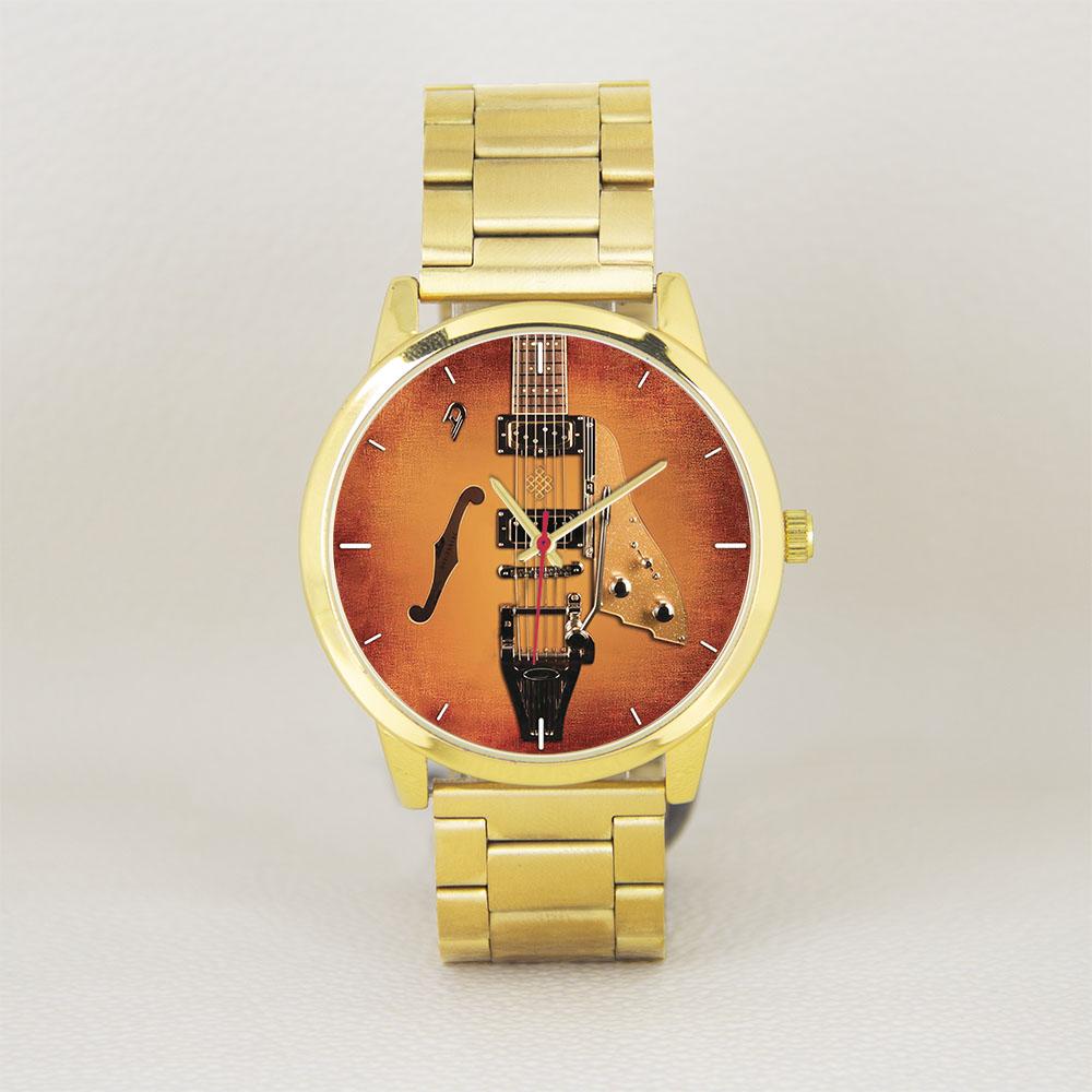 Silicone Stainless Strap Violin Bass Musician's Gift Yellow Golden Instrument Design Dia 45mm Men's Quartz Watches