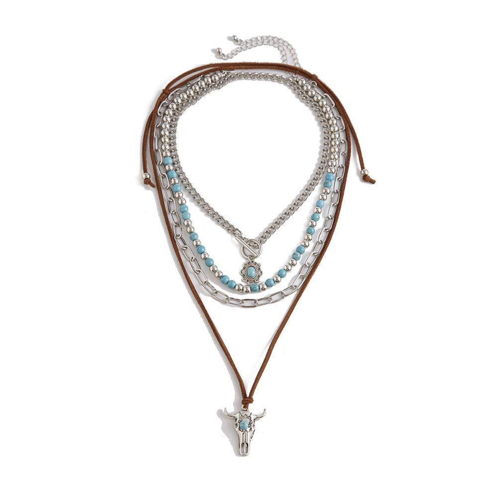 1 SET Ethnic Style Multilayer Turquoise Necklace Stacked Bohemian Style Clavicle Chain Girls