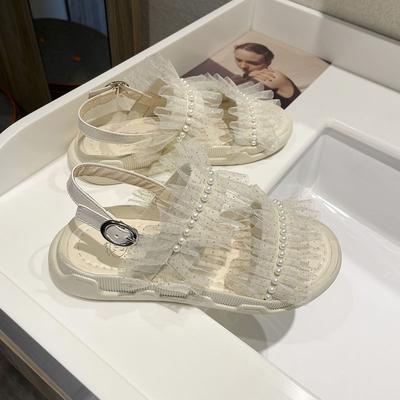 Сандалии женские на низком каблуке, бежевые женские туфли на открытом воздухе, лето 2024 г., платформа, бриллианты, стразы, кружево, Корея, VIP F