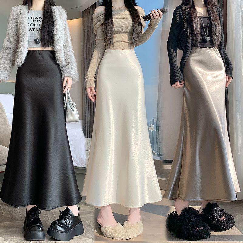 2025 Autumn High-Waisted Plus Velvet A-Line Skirt - Double-Layered Wave Polyester Fabric, Simple OL Commuting Style