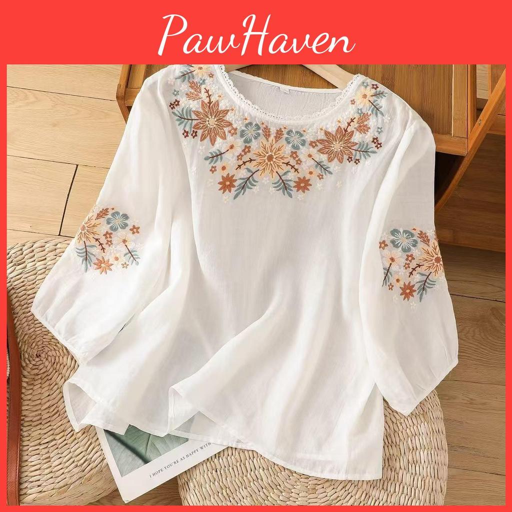 Literary Linen 7quarter Cotton Embroidery Sleeve Summer Retro Loose Embroidery Versatile Round Neck Tshirt For Women