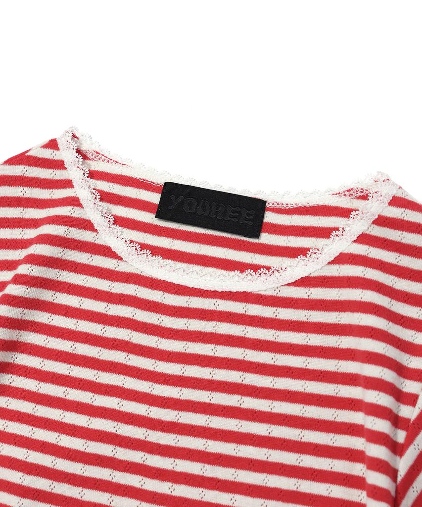 YOUHEE Lace Stripe T-Shirts Red