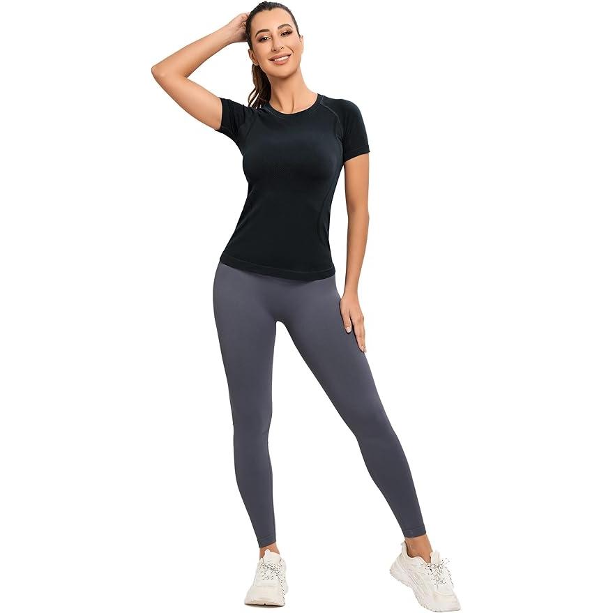 Women's Workout Tops Yoga Short Sleeve Solid Spandex/Nylon Seamless Gym Shirts