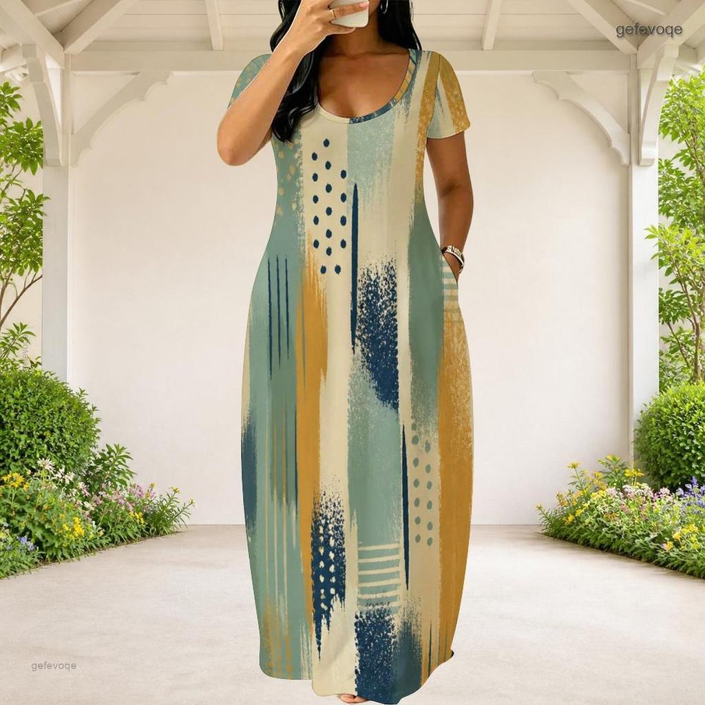 Women Plus Size Round Neck Short Sleeve Green Yellow Printed Loose Maxi Dress With Pockets
