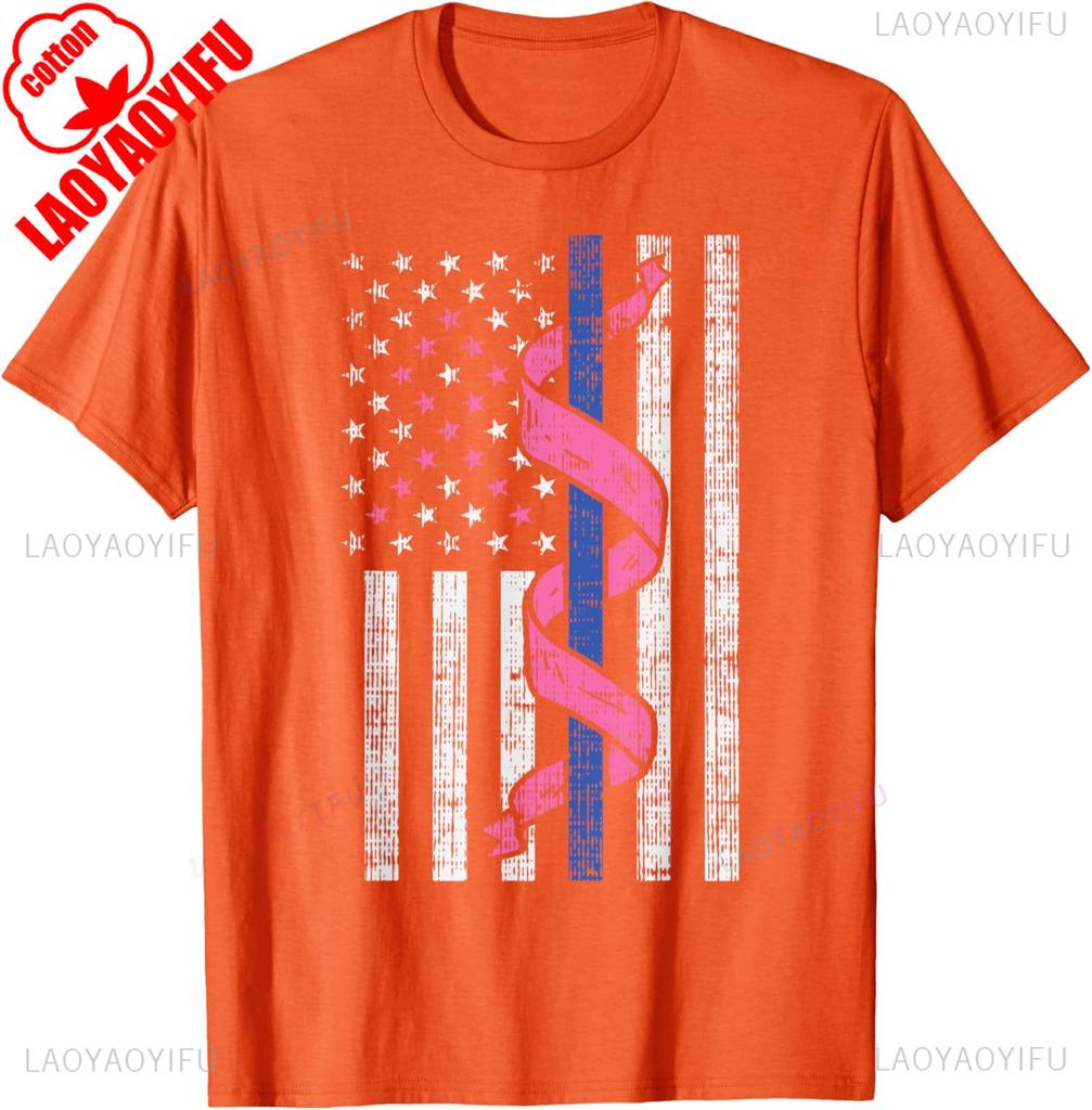 Blue Line Police Us Flag T Shirt Pink Ribbon Breast Cancer Shirt Support Law Enforceunisext Honor Survivors Cotton Tee For Unisex