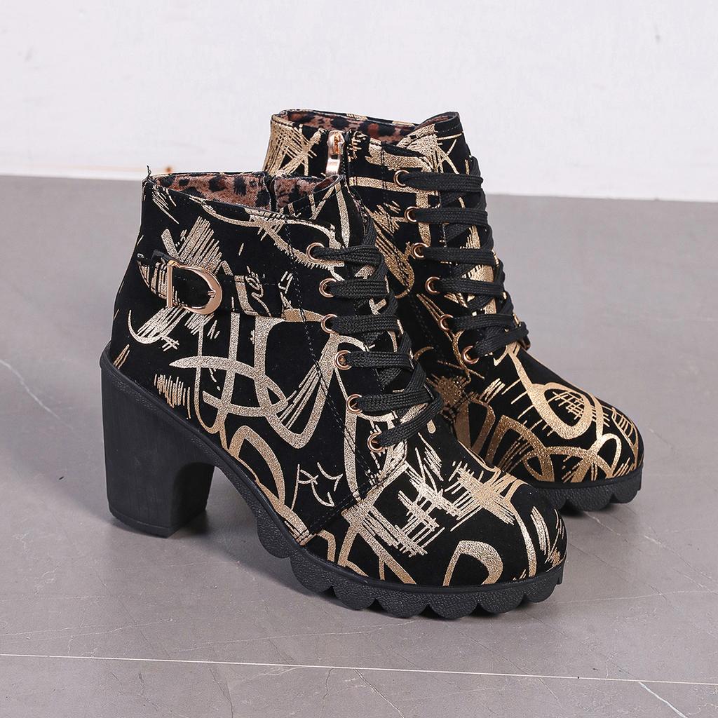Fashion 2024 New Fashion Round Toe Women's Boots, Versatile Spring and Autumn Mid-calf Side Zipper Printed Comfortable Women's Boots