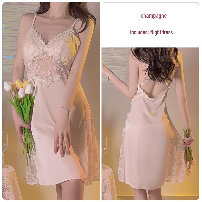 Атласная ночная сорочка без спинки с глубоким V-образным вырезом с подкладкой и комплект халата с поясом