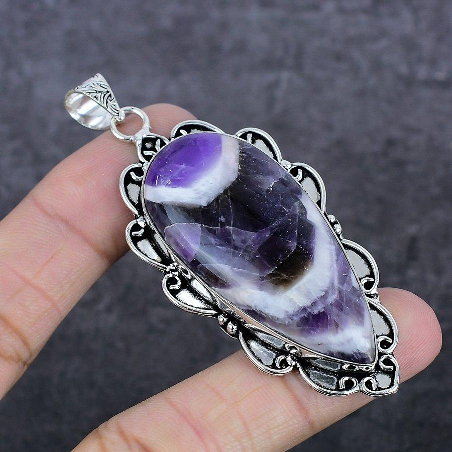 Chevron Amethyst Gemstone 925 Sterling Silver Jewelry Pendant 2.99"