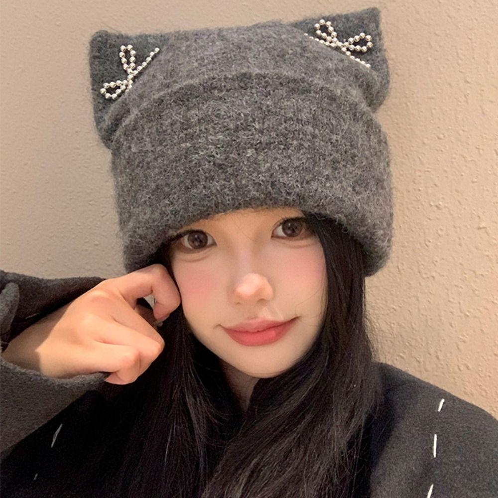 Sweet Cool Knitted Pullover Hat Bow Winter Wool Hat Keep Warm Cat Ears Beanie Hat Autumn