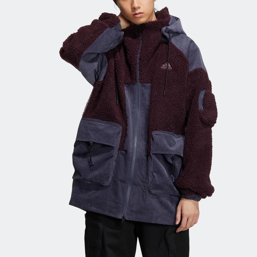 Adidas Куртка нашивной вязки с принтом логотипа бренда и флисовой подкладкой. Мужская верхняя одежда темно-серо-фиолетового цвета HN9018